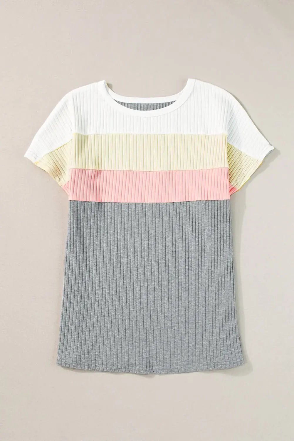 Gray Ribbed Color Block Patchwork T-shirt - Love Salve